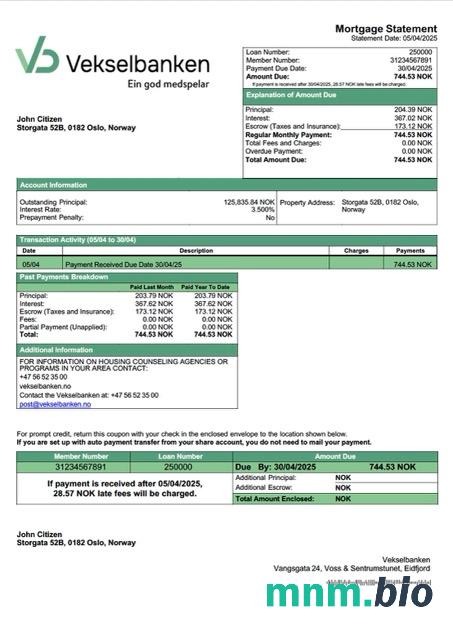 Norwegia Vekselbanken wyciąg z kredytu hipotecznego szablon Word i PDF